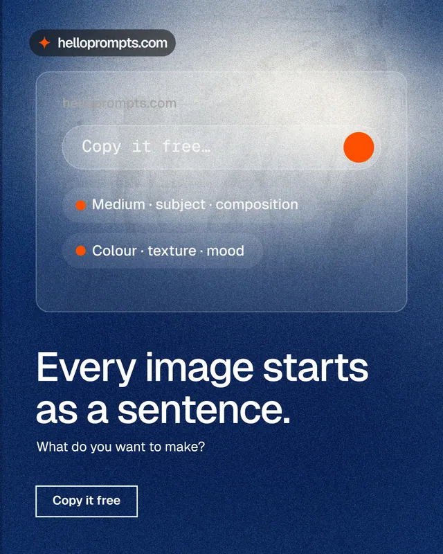 Instagram portrait post for HelloPrompts: "Every image starts as a sentence." Cyanotype style, bottom layout, dark palette in grey, blue.