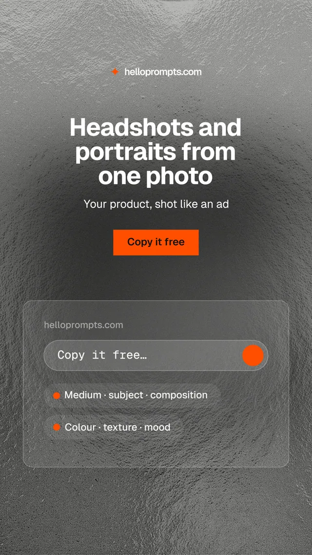 Instagram story for HelloPrompts: "Headshots and portraits from one photo". Swiss style, centred layout, dark palette in grey.