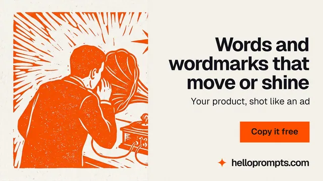 Landscape graphic for HelloPrompts: "Words and wordmarks that move or shine". Swiss style, right layout, light palette in white, orange.