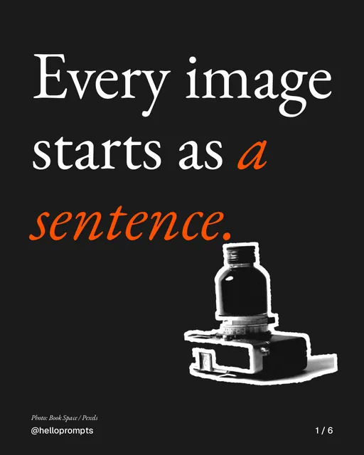 Carousel for HelloPrompts: "Every image starts as a sentence.". Cutout essay, 6 slides, dark palette.