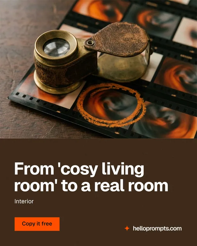 Instagram portrait post for HelloPrompts: "From 'cosy living room' to a real room". Swiss style, bottom layout, dark palette in orange, black, grey.