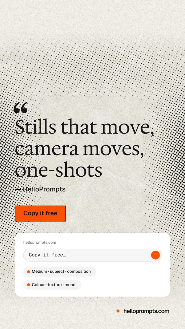 Instagram story for HelloPrompts: "Stills that move, camera moves, one-shots". Ink sticker style, quote layout, light palette in white, yellow, grey.