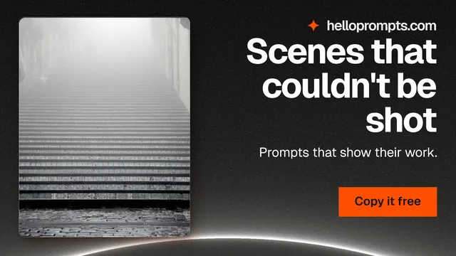 Landscape graphic for HelloPrompts: "Scenes that couldn't be shot". Swiss style, right layout, dark palette in grey, black.