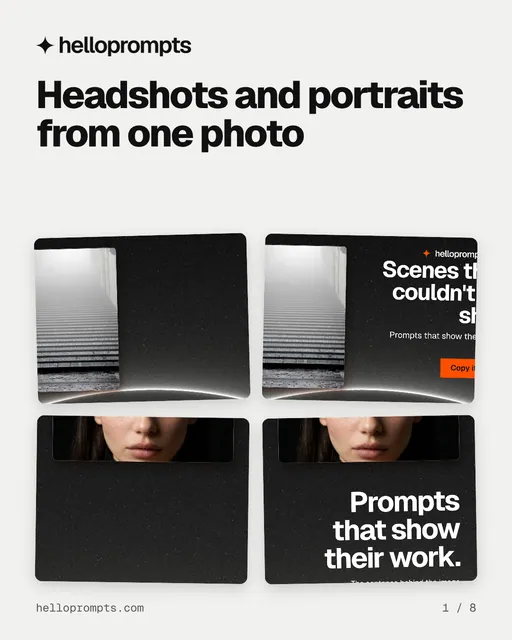 Carousel for HelloPrompts: "Headshots and portraits from one photo". Collection carousel, 8 slides, light palette.