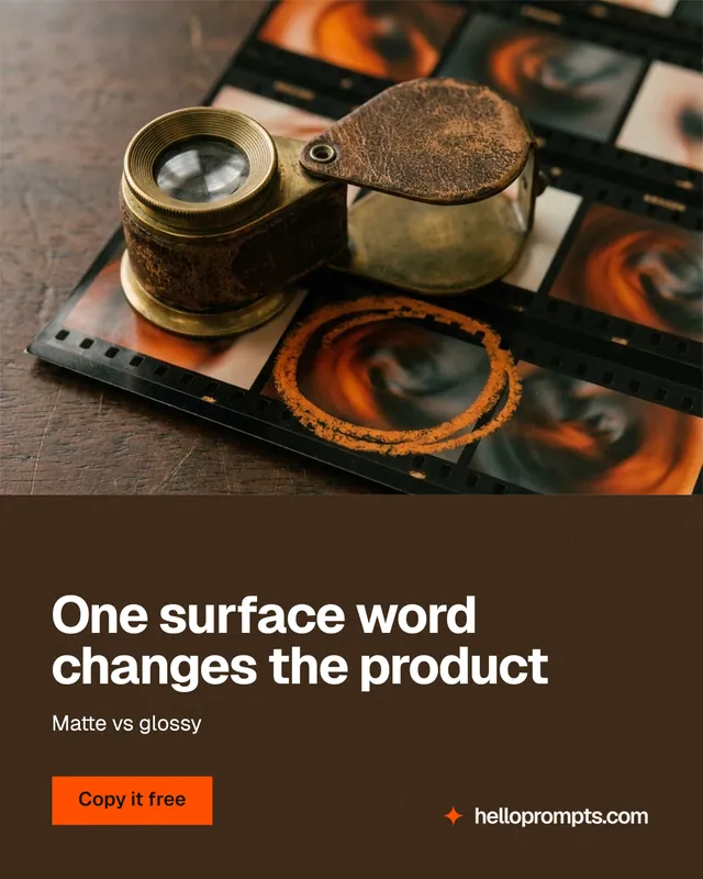 Instagram portrait post for HelloPrompts: "One surface word changes the product". Swiss style, bottom layout, dark palette in orange, black, grey.