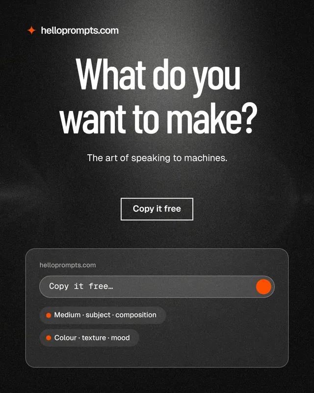 Instagram portrait post for HelloPrompts: "What do you want to make?" Dark deco style, centred layout, dark palette in black, grey.