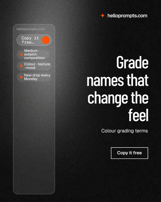 Instagram portrait post for HelloPrompts: "Grade names that change the feel". Dark deco style, right layout, dark palette in black, grey.