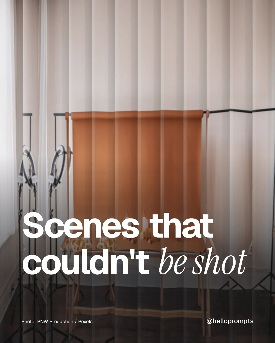 Instagram portrait post for HelloPrompts: "Scenes that couldn't be shot". Photo style, technique:fluted glass layout, light palette in orange, black, grey.