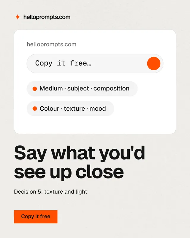 Instagram portrait post for HelloPrompts: "Say what you'd see up close". Swiss style, bottom layout, light palette in white, grey.