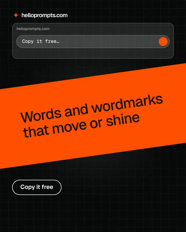 Instagram portrait post for HelloPrompts: "Words and wordmarks that move or shine". Phosphor atlas style, diagonal layout, dark palette in orange, black.