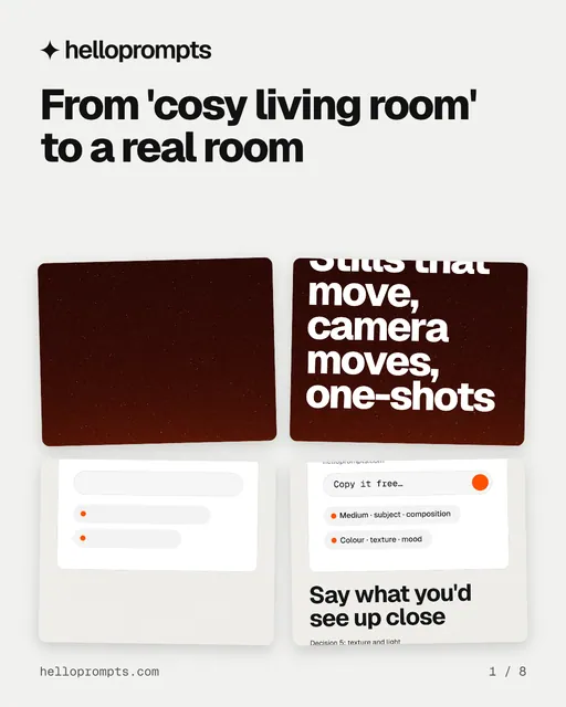 Carousel for HelloPrompts: "From 'cosy living room' to a real room". Collection carousel, 8 slides, light palette.