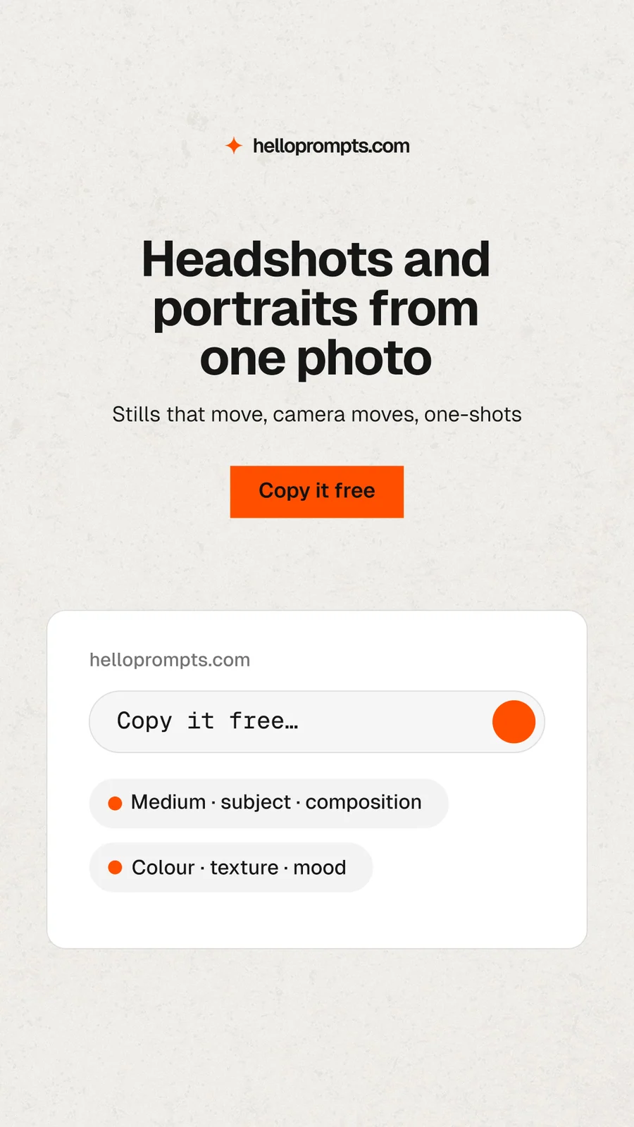 Instagram story for HelloPrompts: "Headshots and portraits from one photo". Swiss style, centred layout, light palette in white, orange.