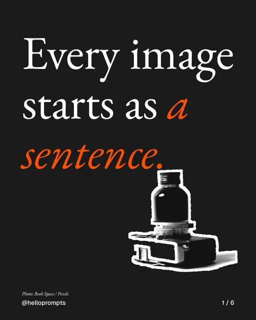 Carousel for HelloPrompts: "Every image starts as a sentence.". Cutout essay, 6 slides, dark palette.