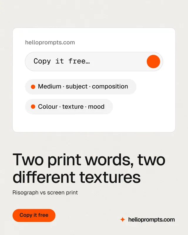 Instagram portrait post for HelloPrompts: "Two print words, two different textures". Data card style, bottom layout, light palette in white, grey.