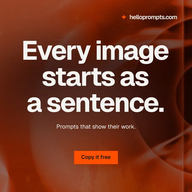 Instagram post for HelloPrompts: "Every image starts as a sentence." Swiss style, centred layout, dark palette in red, orange, grey.