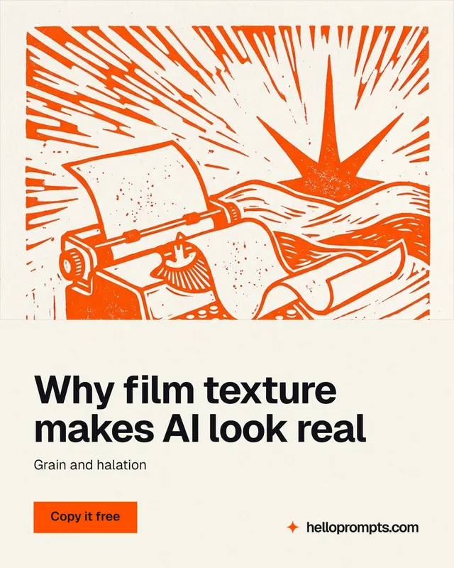 Instagram portrait post for HelloPrompts: "Why film texture makes AI look real". Swiss style, bottom layout, light palette in white, orange.