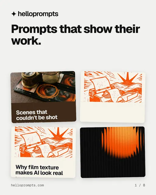 Carousel for HelloPrompts: "Prompts that show their work.". Collection carousel, 8 slides, light palette.
