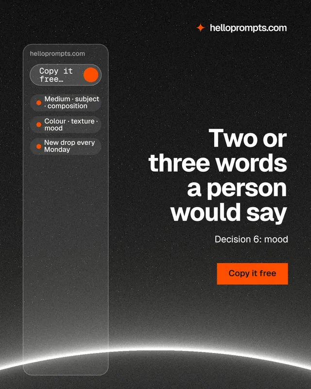 Instagram portrait post for HelloPrompts: "Two or three words a person would say". Swiss style, right layout, dark palette in black, grey.