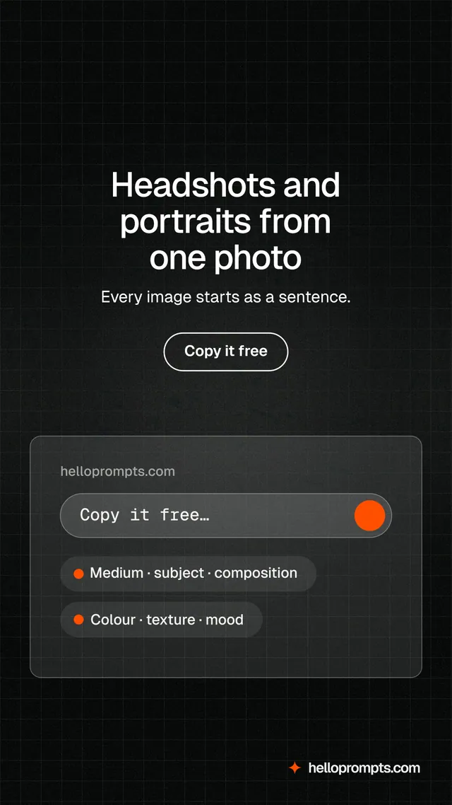 Instagram story for HelloPrompts: "Headshots and portraits from one photo". Phosphor atlas style, centred layout, dark palette in black, grey.