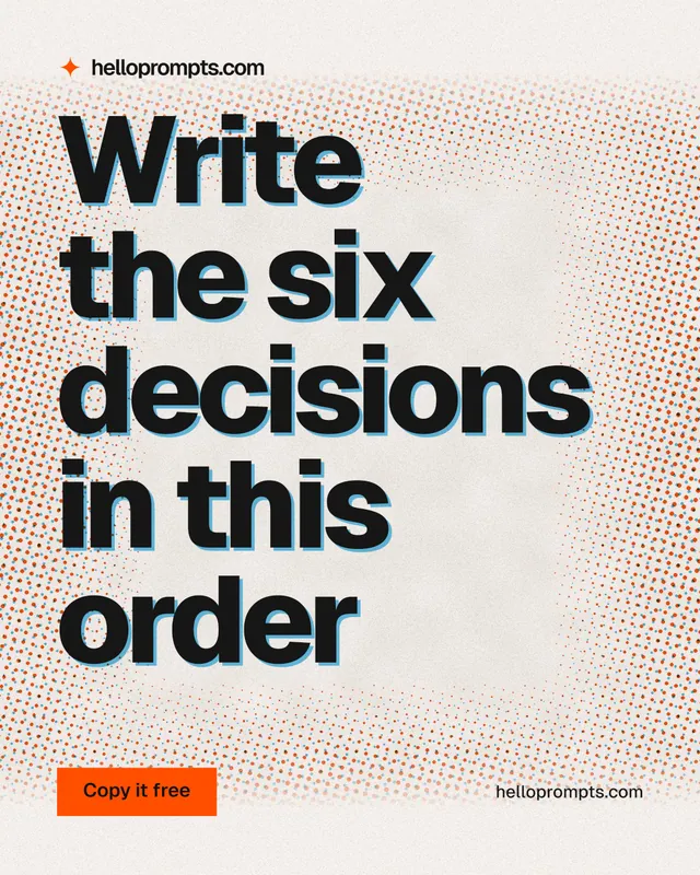 Instagram portrait post for HelloPrompts: "Write the six decisions in this order". Retro print style, poster layout, light palette in orange, grey, white.