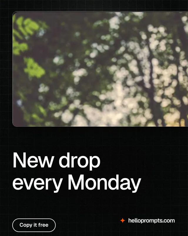 Instagram portrait post for HelloPrompts: "New drop every Monday". Phosphor atlas style, bottom layout, dark palette in black, grey.