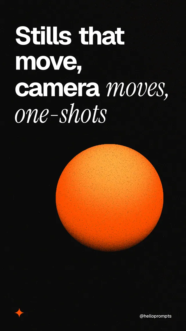 Instagram story for HelloPrompts: "Stills that move, camera moves, one-shots". Auto 9x16 style, technique:shader field layout, dark palette in black, orange.