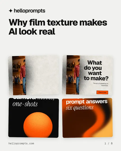 Carousel for HelloPrompts: "Why film texture makes AI look real". Collection carousel, 8 slides, light palette.