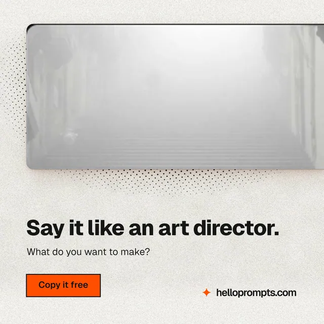 Instagram post for HelloPrompts: "Say it like an art director." Ink sticker style, bottom layout, light palette in white, grey.