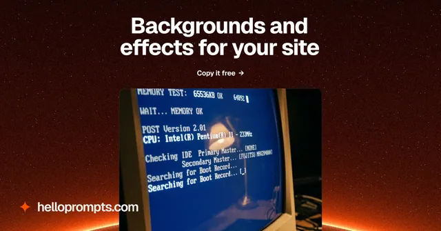 Social ad for HelloPrompts: "Backgrounds and effects for your site". Swiss style, ogui layout, dark palette in black, blue, red.