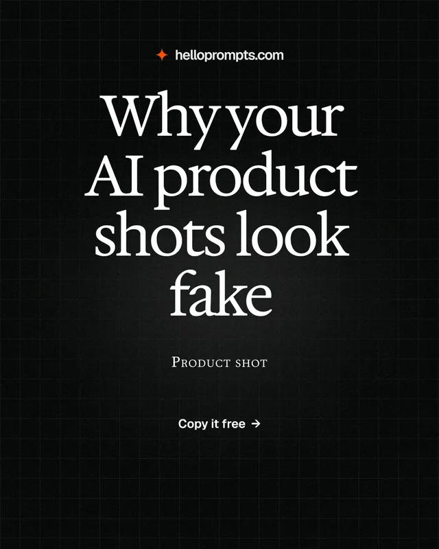 Instagram portrait post for HelloPrompts: "Why your AI product shots look fake". Phosphor atlas style, smallcaps layout, dark palette in black, grey.