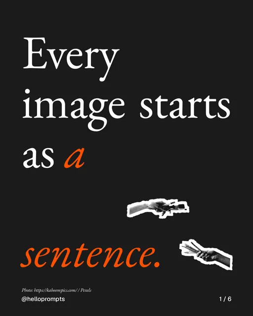 Carousel for HelloPrompts: "Every image starts as a sentence.". Cutout essay, 6 slides, dark palette.