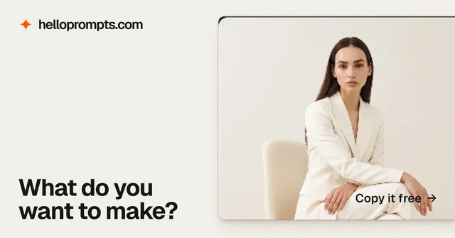 Social ad for HelloPrompts: "What do you want to make?" Swiss style, image led layout, light palette in white, orange, grey.