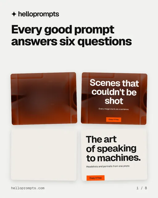 Carousel for HelloPrompts: "Every good prompt answers six questions". Collection carousel, 8 slides, light palette.