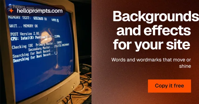 Social ad for HelloPrompts: "Backgrounds and effects for your site". Swiss style, right layout, dark palette in red, blue, orange.