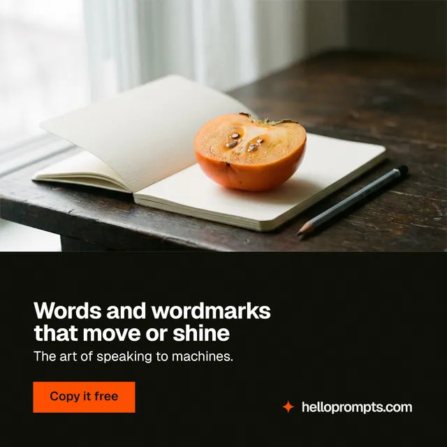 Instagram post for HelloPrompts: "Words and wordmarks that move or shine". Swiss style, bottom layout, dark palette in white, black, orange.