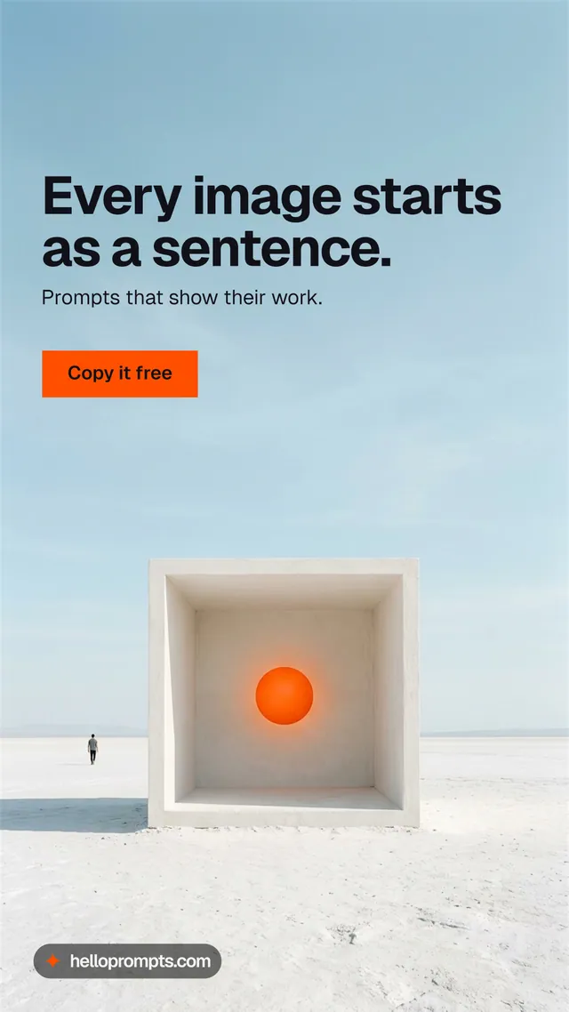 Instagram story for HelloPrompts: "Every image starts as a sentence." Swiss style, bottom layout, light palette in blue, grey, white.