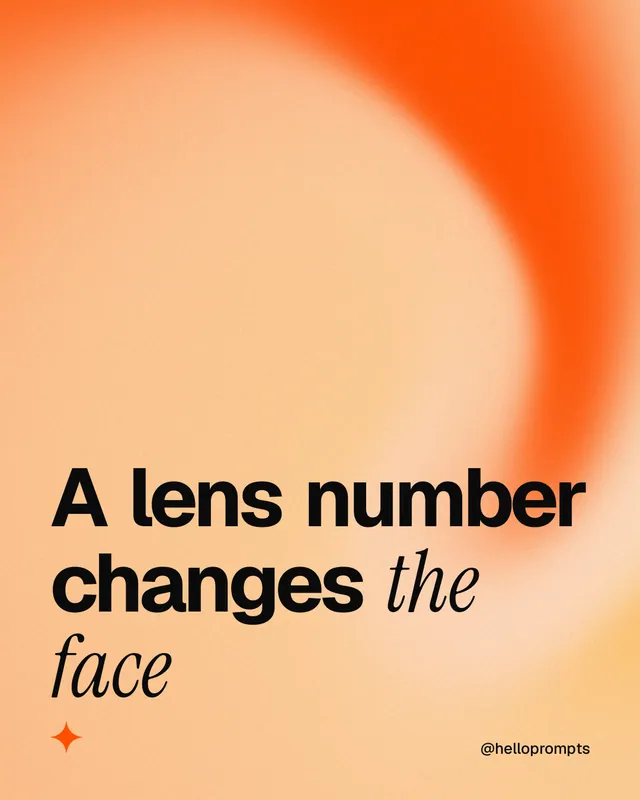 Instagram portrait post for HelloPrompts: "A lens number changes the face". Auto 4x5 style, technique:shader field layout, light palette in orange.