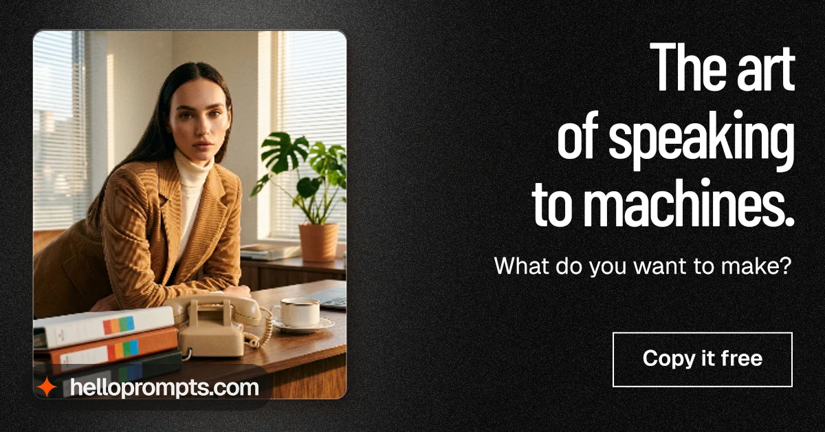 Social ad for HelloPrompts: "The art of speaking to machines." Dark deco style, right layout, dark palette in orange, black.