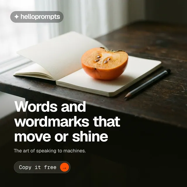 Video for HelloPrompts: "Words and wordmarks that move or shine". Doc motion loop, 6.0 s, dark palette.
