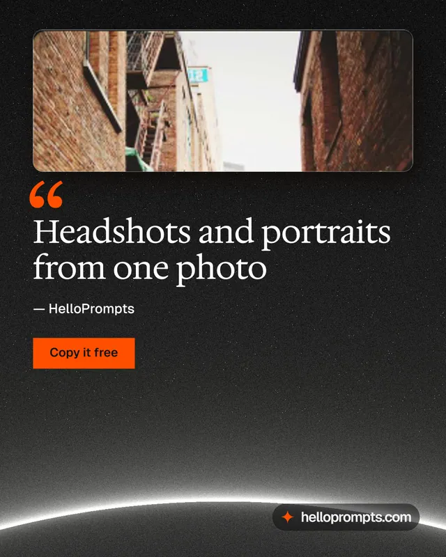 Instagram portrait post for HelloPrompts: "Headshots and portraits from one photo". Swiss style, quote layout, dark palette in grey, black.
