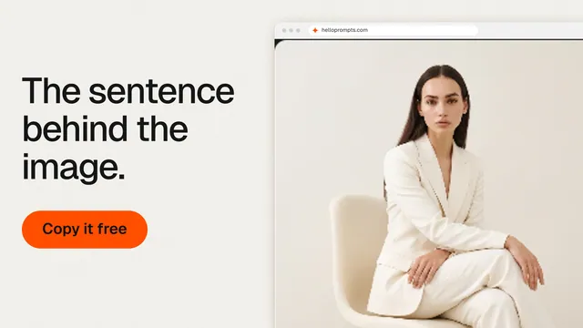 Landscape graphic for HelloPrompts: "The sentence behind the image." Data card style, browser layout, light palette in white, orange.