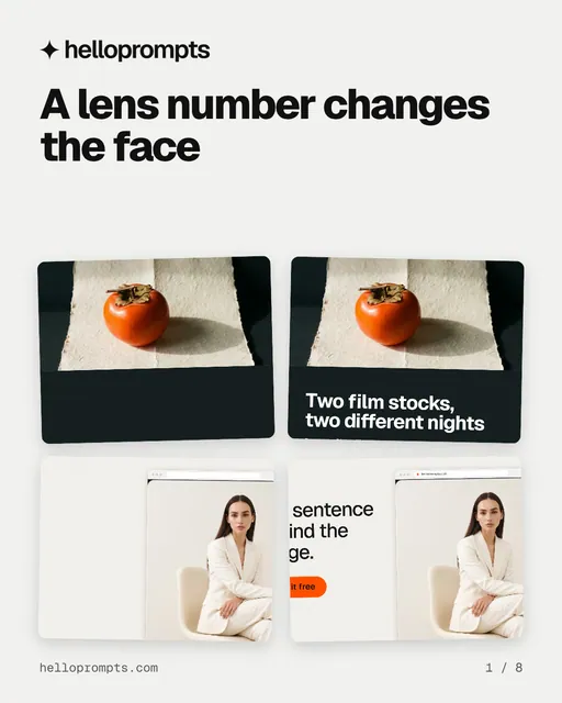Carousel for HelloPrompts: "A lens number changes the face". Collection carousel, 8 slides, light palette.