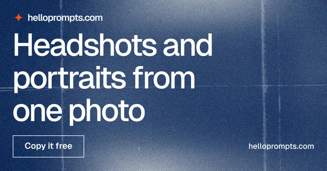 Social ad for HelloPrompts: "Headshots and portraits from one photo". Cyanotype style, poster layout, dark palette in blue, grey.