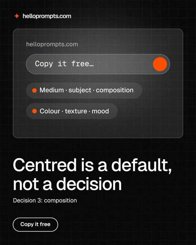 Instagram portrait post for HelloPrompts: "Centred is a default, not a decision". Phosphor atlas style, bottom layout, dark palette in black, grey.