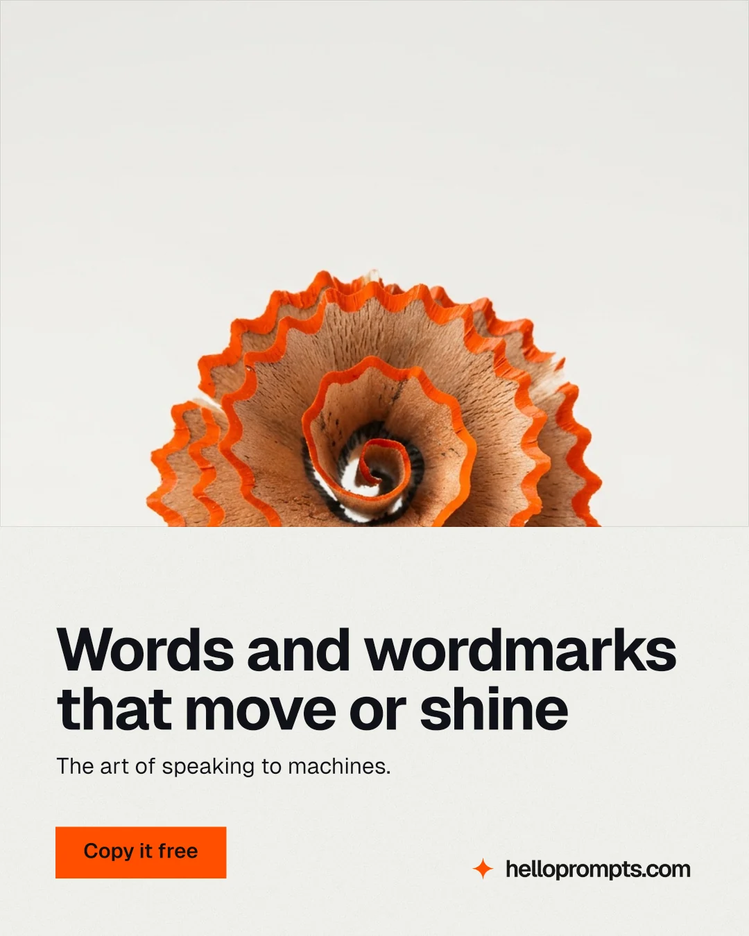 Instagram portrait post for HelloPrompts: "Words and wordmarks that move or shine". Swiss style, bottom layout, light palette in white, brown.