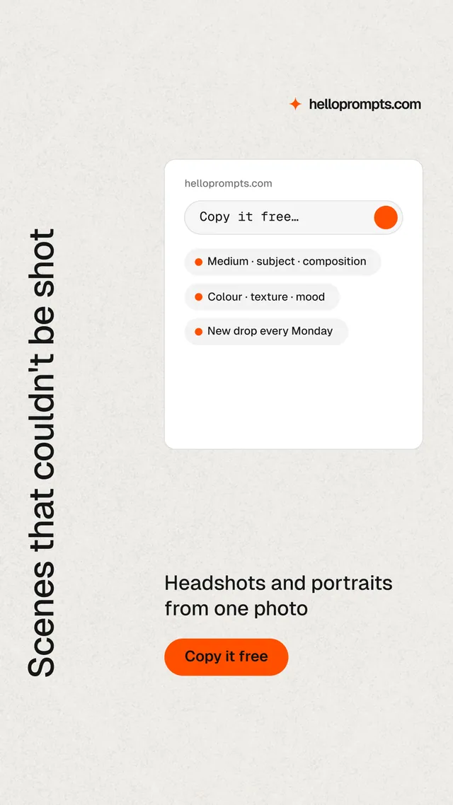 Instagram story for HelloPrompts: "Scenes that couldn't be shot". Data card style, vertical layout, light palette in white, orange.