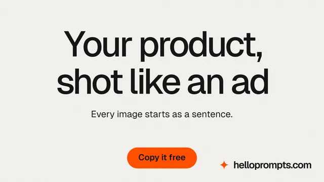 Landscape graphic for HelloPrompts: "Your product, shot like an ad". Data card style, centred layout, light palette in white, grey.