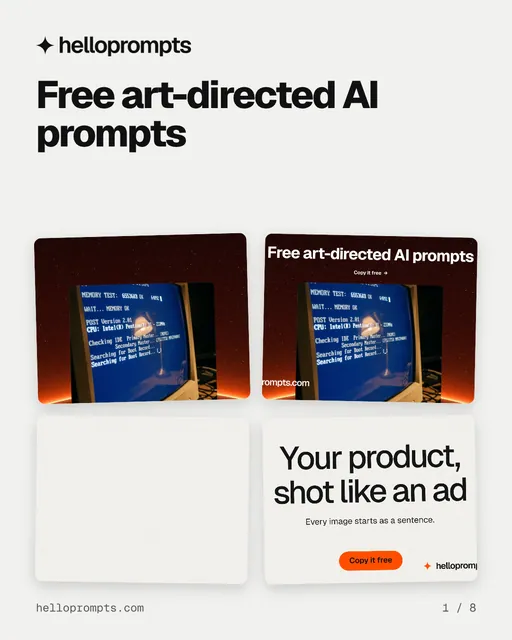 Carousel for HelloPrompts: "Free art-directed AI prompts". Collection carousel, 8 slides, light palette.