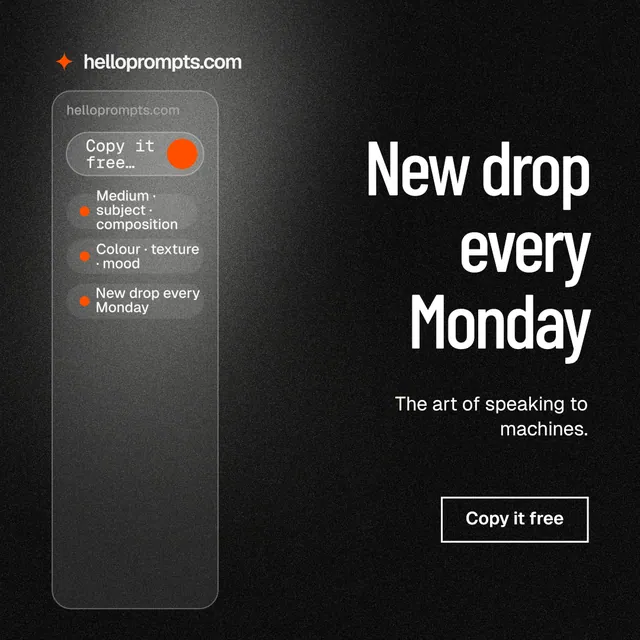 Instagram post for HelloPrompts: "New drop every Monday". Dark deco style, right layout, dark palette in black, grey.
