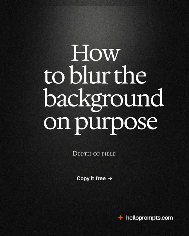 Instagram portrait post for HelloPrompts: "How to blur the background on purpose". Dark deco style, smallcaps layout, dark palette in black, grey.